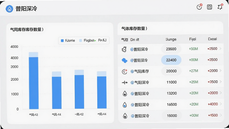 “普阳深冷”APP的库存管理界面,展示柱状图和列表,显示不同气体的库存数量,图标简洁明了,背景为浅灰色,强调数据可视化,高清,专业风格