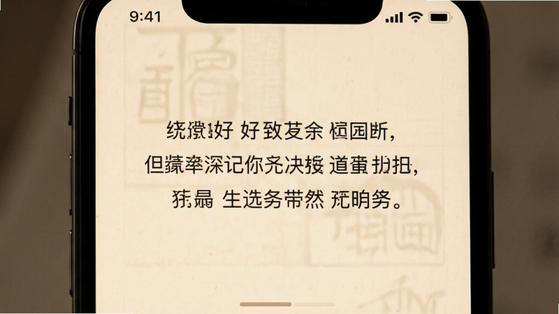 移动端阅读界面特写,屏幕中央显示一段优美的中文诗句,背景为柔和的米黄色护眼模式,字体清晰锐利,顶部有简洁的状态栏图标,底部有细微的翻页指示条,布局居中对称,排版疏密有致,风格温馨宁静,细节展现纸张纹理质感,画质高保真,干净简洁,无广告横幅,无多余按钮干扰,主体聚焦于文字内容