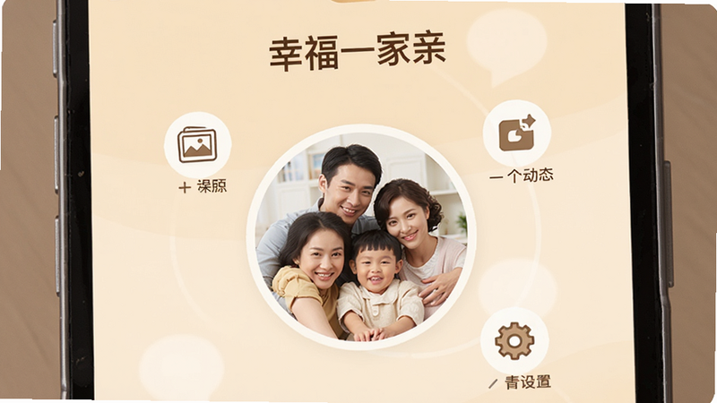 一张温馨的智能手机界面截图,屏幕显示'幸福一家亲'应用首页,背景是柔和的米黄色,界面中央有一个圆形的家庭合影头像,周围环绕着几个小图标,分别是相册、动态和设置,整体风格温馨、简洁,高清渲染,无多余元素