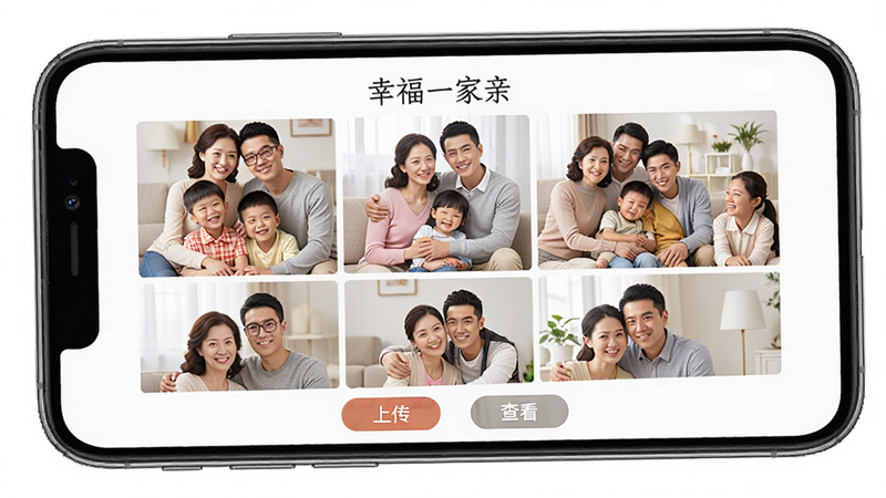 手机屏幕显示'幸福一家亲'的家庭相册界面,网格状排列着多张家庭合影,照片色彩鲜艳,下方有'上传'和'查看'按钮,界面布局整齐,高清细节,无水印