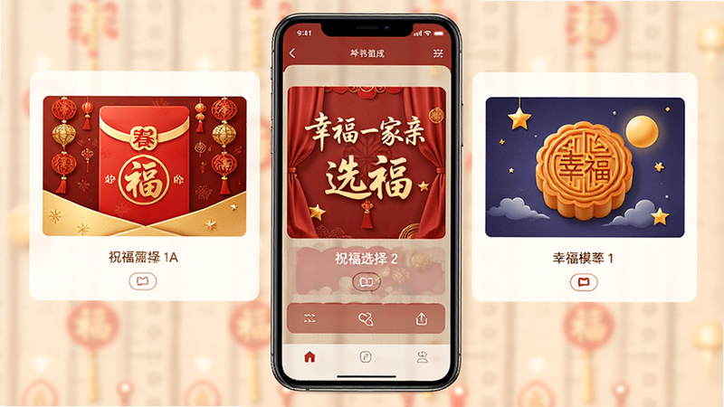 手机屏幕显示'幸福一家亲'的祝福模板选择界面,展示几张精美的节日贺卡预览,如春节红包样式、中秋月饼样式,色彩喜庆,布局对称,高清画质,无多余装饰