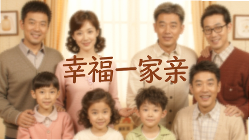 一张模糊的电视剧海报风格图片,中间写着'幸福一家亲',周围是虚构的家庭人物形象,色调温馨,高清渲染,无多余文字