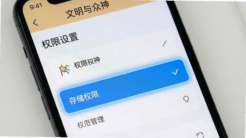 主体为手机屏幕显示《文明与众神》设置界面,布局清晰展示权限管理选项,排版简洁明了,风格为现代UI设计,细节高亮“存储权限”选项,画质清晰,干净无多余元素,文字标注