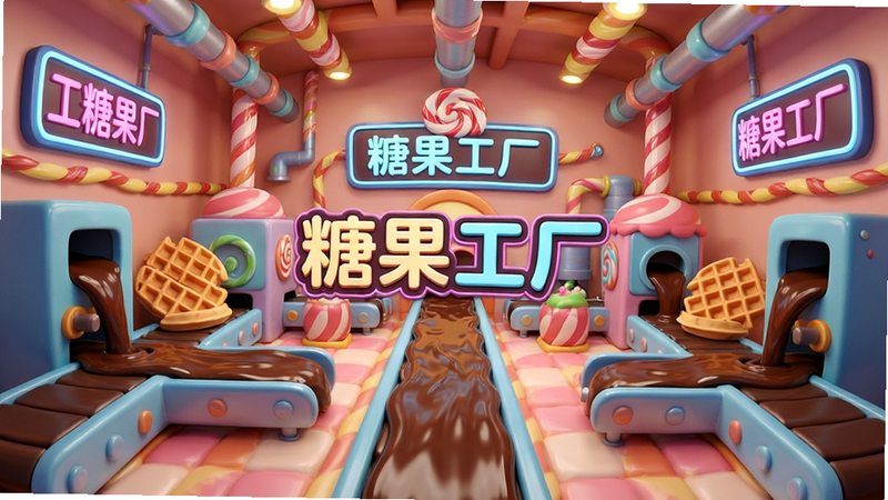 主体为《糖果乐园》游戏内场景,布局为广角镜头展示糖果工厂内部,排版为左右对称分布的传送带与装饰物,风格为3D卡通渲染,细节包含流动的可可浆液、堆积的华夫饼堆与闪烁的霓虹灯牌,画质细腻,干净无杂乱元素,文字“糖果工厂”位于场景中央