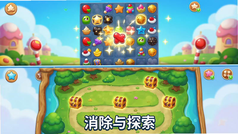 主体为《糖果乐园》玩法演示图,布局为上下分屏,上半部分展示消除界面,下半部分展示地图探索界面,排版清晰分隔,风格为明亮活泼的UI设计,细节包含高亮的消除特效与地图上的问号宝箱,画质清晰,干净无背景干扰,文字“消除与探索”位于底部