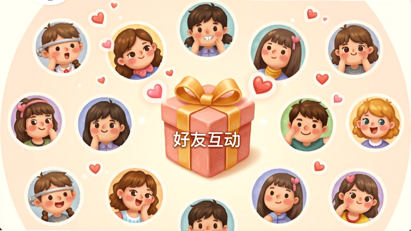 主体为《糖果乐园》社交界面,布局为圆形头像环绕中心礼物盒,排版为放射状分布,风格为温馨友好的插画风格,细节包含不同表情的好友头像与飞出的爱心特效,画质柔和,干净无多余文字,文字“好友互动”位于中心