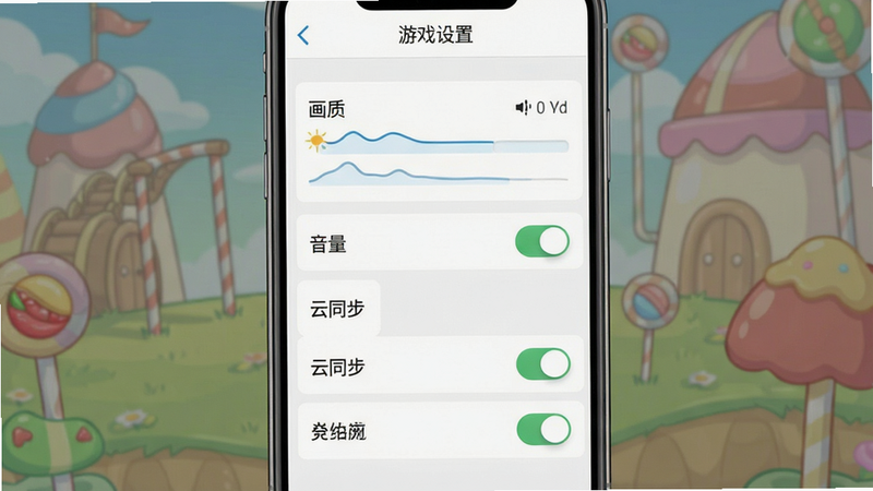 主体为《糖果乐园》手机界面设置页,布局为垂直列表展示设置选项,排版整齐,风格为简约扁平化UI,细节包含“画质”、“音量”、“云同步”等开关按钮,画质清晰,干净无背景,文字“游戏设置”位于顶部