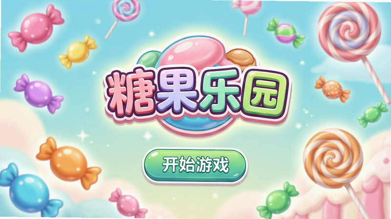 主体为《糖果乐园》游戏主界面,布局为全屏展示,排版居中突出游戏Logo与“开始游戏”按钮,风格为清新马卡龙色系卡通渲染,细节包含漂浮的彩色糖果、旋转的棒棒糖背景与柔和的光晕效果,画质高清4K,干净无多余元素,文字“糖果乐园”清晰可见