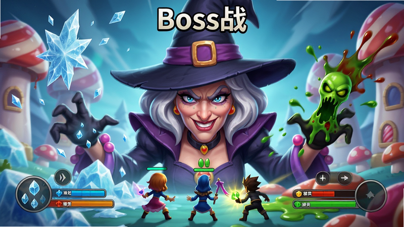 主体为《糖果乐园》女巫Boss战斗场景,布局为Boss居中大头像,玩家角色在下方,排版为战斗HUD界面,风格为紧张刺激的动态特效,细节包含冰冻特效与毒液飞溅,画质高清,干净无多余UI,文字“Boss战”位于顶部