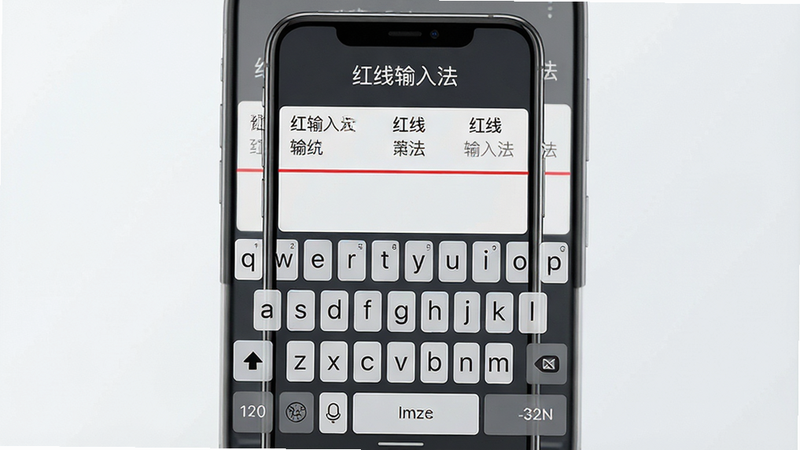 主体为一部竖屏显示的现代智能手机,屏幕中央展示着“红线输入法”的键盘界面,键盘背景为深灰色,按键为半透明白色,候选词区域有一条醒目的红色细线贯穿,界面顶部显示软件名称“红线输入法”,整体布局简洁现代,排版整齐,风格为扁平化科技风,细节清晰,画质4k,干净,无多余元素,文字“红线输入法”清晰可见