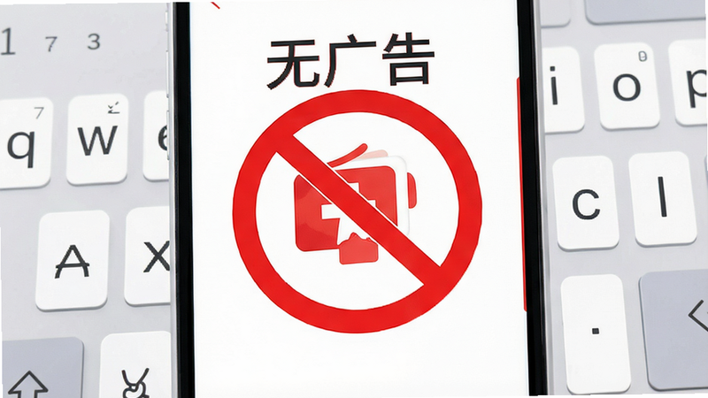 主体为一个手机界面示意图,界面上有一个红色的“禁止符号”覆盖在代表广告的图标上,周围是干净的键盘按键,象征无广告环境,风格清新极简,色彩以白红为主,细节简洁,画质超清,干净,无多余元素,文字“无广告”清晰