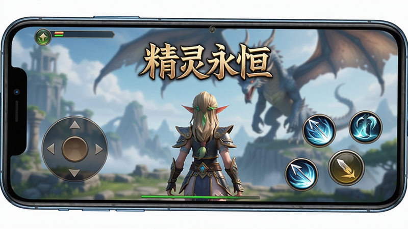 主体为手机屏幕显示的精灵永恒游戏主界面,布局左侧为虚拟摇杆右侧为技能按钮,排版清晰简洁,风格为3D写实奇幻风,细节展示角色背影与远处龙影,画质高清,干净,无多余元素,文字'精灵永恒'居中醒目