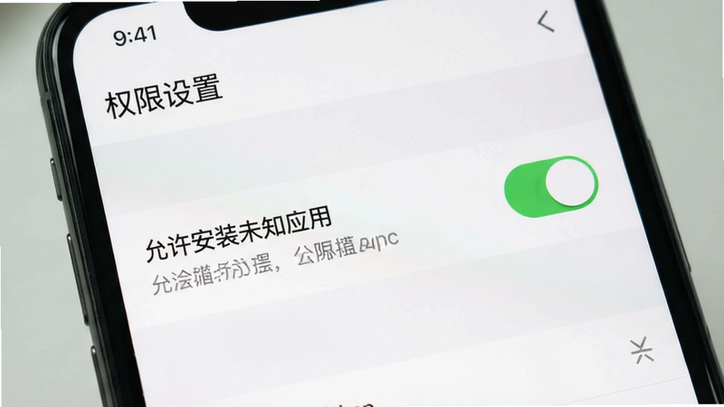 主体为手机设置界面截图,布局突出应用权限管理页面,排版清晰展示“允许安装未知应用”开关,风格为扁平化UI设计,细节展示开关状态与文字说明,画质清晰锐利,干净,无多余元素,文字'权限设置'顶部标题