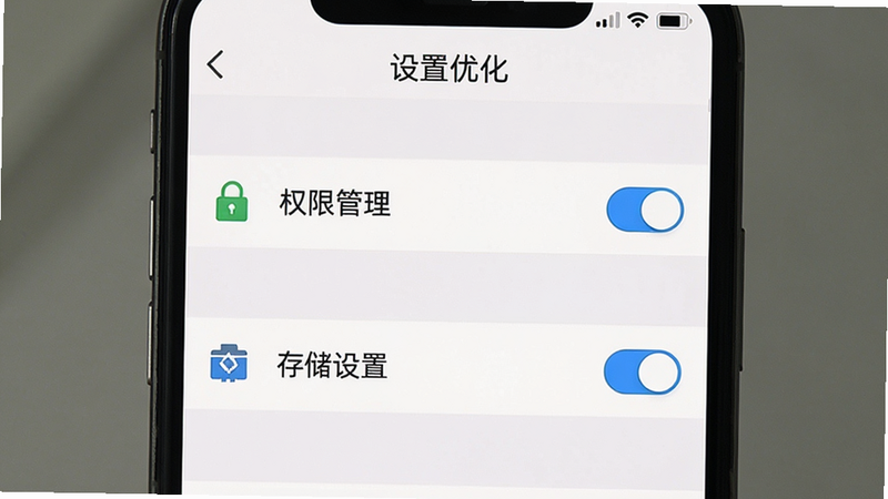 主体为手机设置界面截图,布局为列表式菜单,排版清晰展示“权限管理”和“存储设置”选项,风格为扁平化UI设计,细节包含高亮的开关按钮和图标,画质清晰,干净,无多余元素,文字“设置优化”标注在顶部