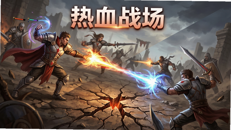 主体为激烈的多人PVP战斗场景,布局为动态对角线构图,排版紧凑充满张力,风格为史诗级战争画风,细节展示英雄释放技能的光效和地面裂纹,画质极致,干净,无多余元素,文字“热血战场”悬浮于顶部