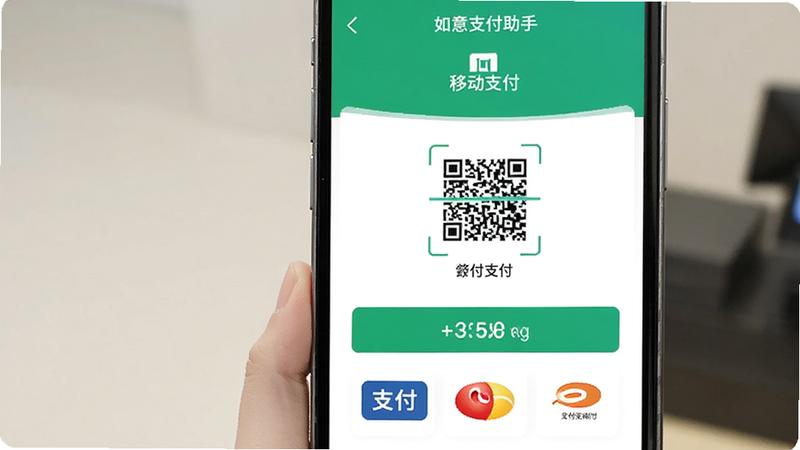 展示如意店长助手移动端收银界面的图片,主体为手机屏幕显示的支付成功页面和订单金额,布局中心突出,排版简洁大方,风格为现代数字金融风,细节包含二维码扫描框和支付渠道图标,画质清晰,干净无多余元素,文字包含