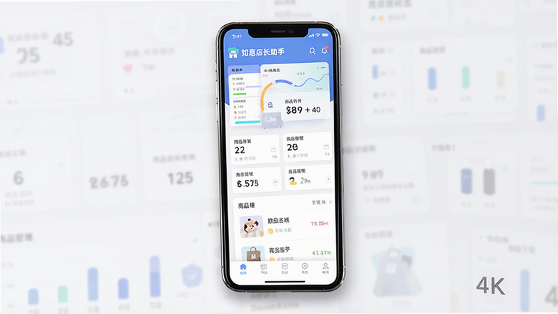 一张展示如意店长助手应用界面全貌的高清图片,主体为智能手机屏幕,显示着清晰的经营数据仪表盘和商品管理列表,布局整洁现代,排版符合移动端UI设计规范,风格为扁平化科技风,细节处有柔和的阴影效果,画质4k,干净无多余元素,文字包含