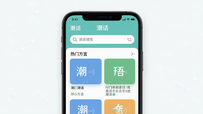 主体为潮话APP界面,布局展示首页搜索栏与热门方言卡片,排版简洁现代,风格清新扁平,细节显示潮语发音图标,画质高清干净,无多余元素,包含文字