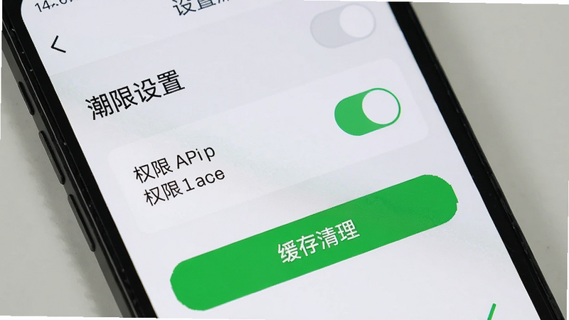 主体为手机屏幕显示潮话APP设置页面,布局展示权限开关与缓存清理按钮,排版整齐,风格简约,细节显示绿色对勾图标,画质清晰,包含文字