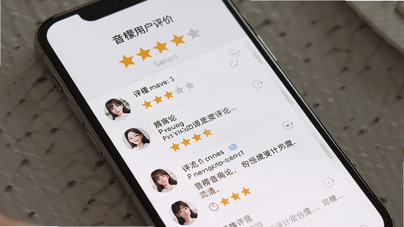 音檬用户评价界面预览,主体为手机屏幕中的评分星级与评论列表,布局垂直滚动,排版整洁,风格真实可信,细节丰富,画质高清,干净无多余元素