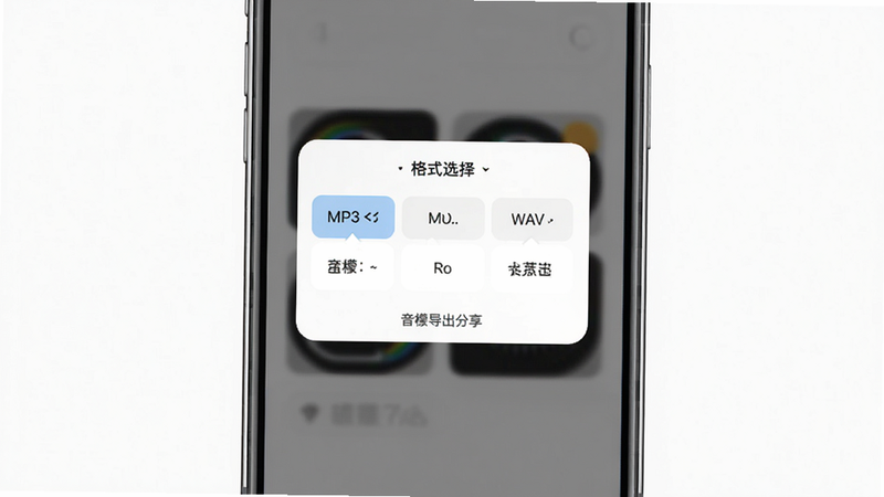 音檬导出分享界面预览,主体为手机屏幕中的格式选择弹窗,布局居中,显示MP3、WAV等选项,排版清晰,风格友好直观,细节明确,画质高清,干净无多余元素