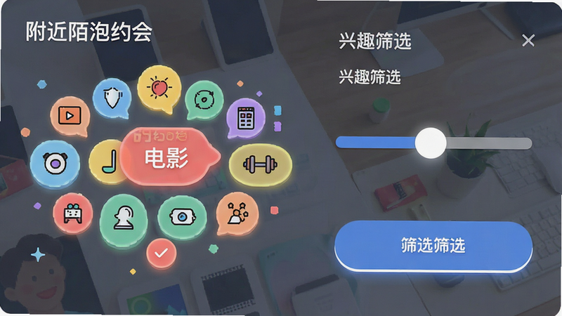 主体为标签筛选界面,布局为标签云与滑动条,排版整齐,风格为多彩活泼,细节包括各种兴趣图标、选中状态的高亮效果、筛选按钮,画质高清,干净,无多余元素,文字包含