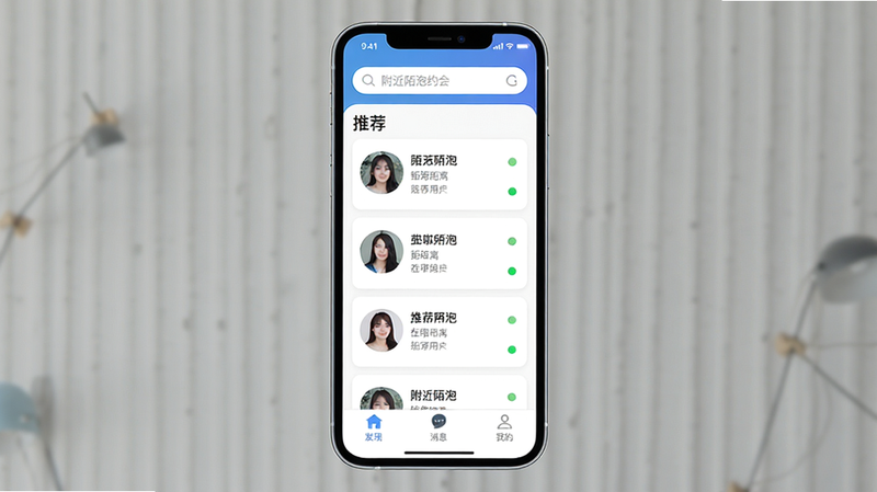 主体为手机界面展示,布局为全屏显示附近陌泡约会APP首页,排版清晰,包含顶部搜索栏、中间推荐用户卡片列表、底部导航栏,风格为清新现代扁平化设计,细节包括用户头像、距离标记、在线状态指示器,画质高清,干净,无多余元素,文字包含