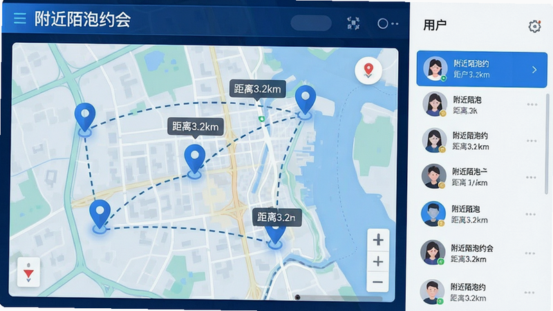 主体为地图界面概念图,布局为左侧地图右侧用户列表,排版紧凑,风格为科技蓝调,细节包括地图上的定位点、连接用户的虚线、距离数值显示,画质清晰,干净,无多余元素,文字包含