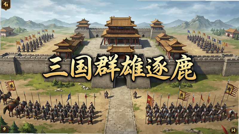 主体为三国群雄逐鹿游戏主界面,布局为全屏横屏展示,中央是一处宏伟的古代城池,周围环绕着军队队列,排版整洁,风格为高清写实2D国风,细节丰富,画质4k,干净,无多余元素,文字