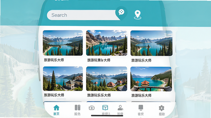 主体为一款名为“旅游玩乐大师”的手机应用界面预览图,布局采用现代扁平化设计,顶部显示搜索栏与定位图标,中部展示精美的旅游风景卡片列表,底部为导航标签页,风格清新明亮,色彩以蓝绿色调为主,细节包含高清风景照片与清晰的文字标签,画质8k高清,干净无多余元素