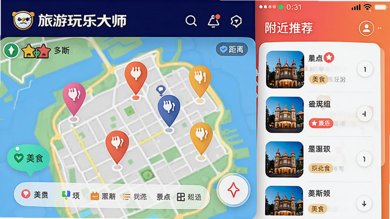 主体为“旅游玩乐大师”APP的周边发现界面,布局为地图加点位标记,侧边栏显示附近推荐列表,风格活力时尚,细节包含距离标识与标签分类(如美食、景点),画质高保真,色彩鲜艳,界面交互感强