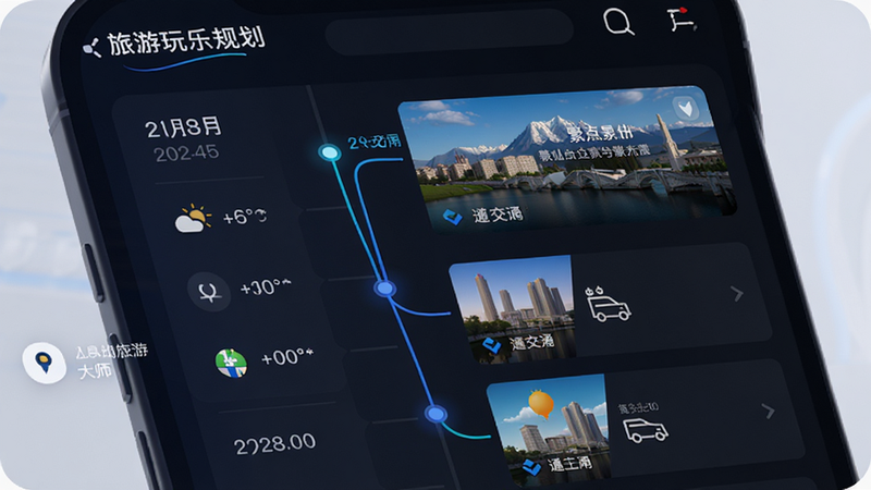 主体为“旅游玩乐大师”APP的智能行程规划界面,布局呈现时间轴样式,左侧显示日期与天气,右侧列出具体景点与交通方式,风格科技感与实用性结合,细节包含地图小图标与时间戳,画质高清,界面整洁,无冗余装饰