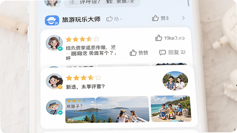 主体为“旅游玩乐大师”APP的用户点评列表界面,布局为卡片式信息流,每张卡片包含头像、评分星级、简短评论及图片缩略图,风格社区化且亲切,细节包含点赞图标与回复数,画质细腻,文字清晰可读,背景简洁