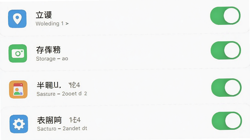 主体为手机设置界面中权限管理的示意图,布局展示应用列表及权限开关,风格系统原生UI,细节包含定位、存储、通知等权限图标及开关状态,画质清晰,界面元素对齐工整,无多余背景噪音