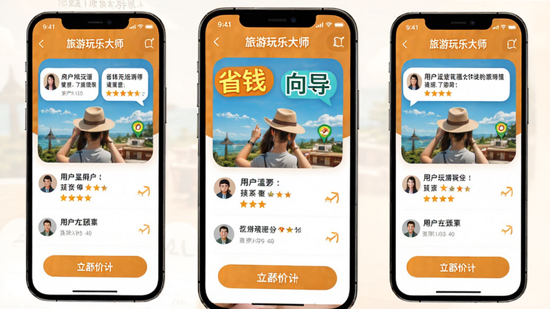 主体为“旅游玩乐大师”APP的手机端展示图,布局为竖屏界面,突出显示“省钱”与“向导”标签,风格温馨实用,细节包含用户好评气泡与星星评分,画质高清晰度,色彩温暖,吸引用户点击