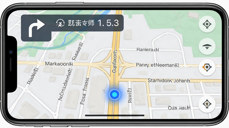 主体为“旅游玩乐大师”APP的离线地图导航界面,布局为全屏地图视图,顶部有转向提示箭头与剩余距离,风格清晰直观,细节包含道路名称标注与当前位置蓝色光点,画质清晰锐利,界面元素布局合理,无干扰元素