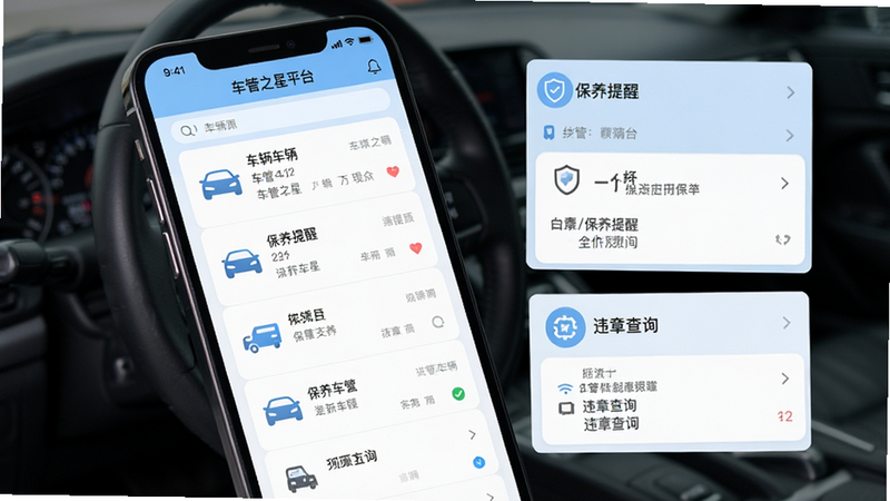 生成一张车管之星平台的整体UI界面预览图,主体为手机屏幕,布局清晰展示车辆列表、保养提醒和违章查询三个核心模块,排版采用卡片式设计,风格为现代扁平化商务风,细节包含清晰的图标和浅蓝色主色调,画质高清,干净,无多余元素,文字显示为“车管之星平台”