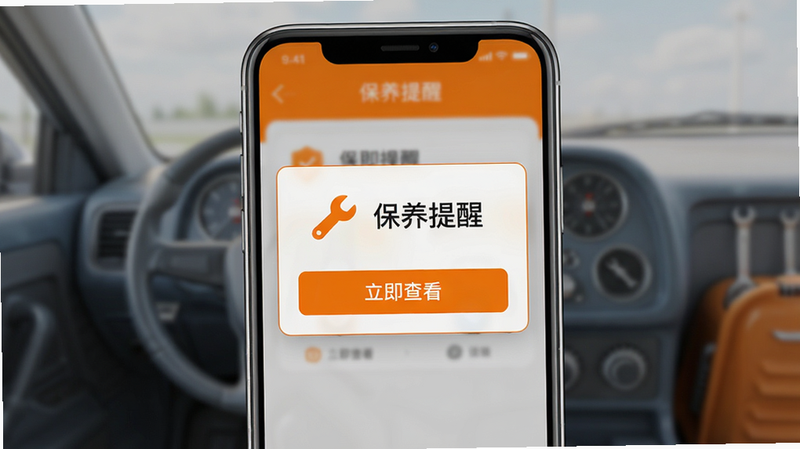 生成一张智能保养提醒的弹窗界面图,主体为手机屏幕中央的提示框,布局居中,包含一个扳手图标和“保养提醒”字样,排版简洁醒目,风格为明亮的橙色警示色调,细节包含“立即查看”按钮,画质高保真,干净,无多余元素,文字显示为“保养提醒”