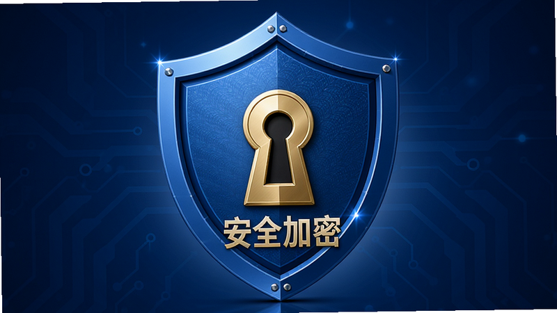 生成一张安全锁盾牌的图标设计图,主体为一个蓝色的盾牌,布局居中,内部包含一把金色的钥匙孔图案,排版稳重庄重,风格为深蓝色科技背景,细节包含细微的光泽效果和防伪纹理,画质极高,干净,无多余元素,文字显示为“安全加密”