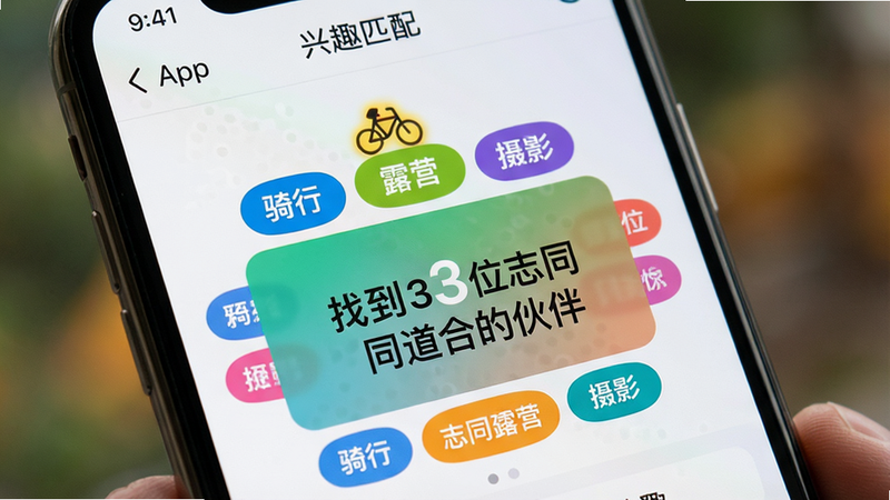 �ֻ���Ļ��д����ʾ���ȤApp�ڵġ���Ȥƥ�䡱���档�������ж����ɫ��ǩ�ƣ��硰���С�����¶Ӫ��������Ӱ�����м���һ������ƥ��ɹ���ʾ����ʾ���ҵ�3λ־ͬ���ϵĻ�顱�������黯������ͻ����Ļ���ݣ�ɫ�ʷḻ�Һ�г��ϸ��������չ�ֿƼ�������Ľ��