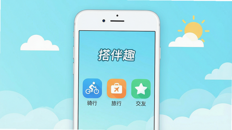 һ��չʾ���ȤApp�ֻ�����ĸ���ͼ������Ϊһ����ɫ�����ֻ�����Ļ������ʾ�š����Ȥ��Logo�Լ�������Ҫ�������ͼ�꣺���С����С����ѡ�����Ϊ���µ�ǳ��ɫ���䣬��׺�ż�Լ���ƶ��̫��ͼ�Σ��������ƽ�����ִ���ǿ��ɫ���������£��޶������֣����廭��