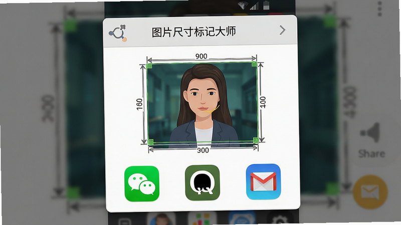 模拟手机分享界面的场景图,主体为“图片尺寸标记大师”生成的标注图片预览窗口。布局为典型Android分享弹窗样式,中间是带有尺寸标注的精美缩略图,下方排列着微信、QQ、邮件等常见应用图标。背景略微模糊,突出前景的分享操作。风格为拟物化与扁平化结合,图标色彩鲜明,界面交互感强,画质细腻,无杂乱元素。