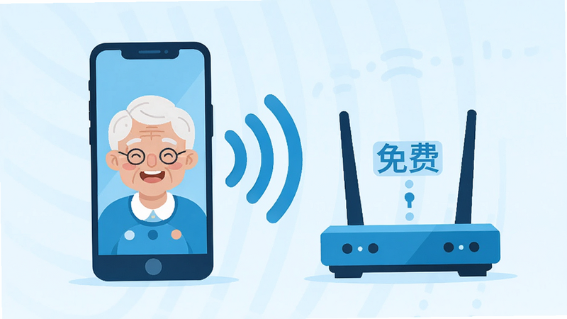 概念图,展示一部智能手机连接家庭网络的场景,主体为手机与路由器之间的无线信号波纹,布局为对称构图,风格为扁平化插画,色彩为清新的科技蓝,细节描绘手机屏幕上显示的老人笑脸,强调“免费”与“连接”的概念,画质高清,干净无杂乱背景