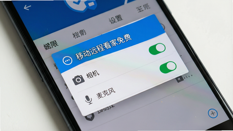手机屏幕特写,展示“移动远程看家免费”APP的权限设置界面,主体为安卓系统的权限管理弹窗,布局为居中列表,风格为系统原生UI,细节显示“相机”、“麦克风”权限已开启的状态,画质清晰,干净无多余图标