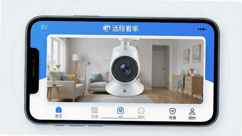一张展示“移动远程看家免费”APP核心界面的高清UI设计图,主体为手机屏幕,布局为典型的APP首页,包含顶部状态栏、中间高清实时视频预览窗口、底部功能导航栏,风格为现代简约科技风,蓝色与白色为主色调,细节清晰显示“远程看家”字样及摄像头图标,画质4K,干净无多余元素