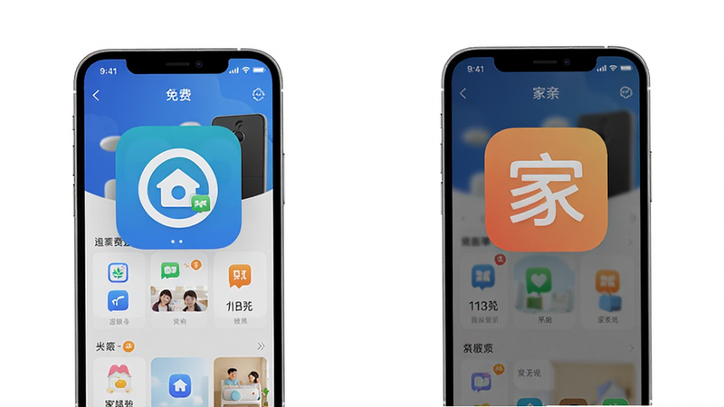 对比图,左侧为“移动远程看家免费”APP图标,右侧为“家亲”APP图标,主体为两个手机屏幕并排,布局为左右对称,风格为简约科技风,细节显示两个APP的主界面差异,画质高清,干净无背景干扰