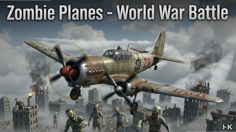 一张高质量的游戏宣传图,主体是Zombie Planes - World War Battle的飞机在云层中飞行,背景是僵尸城市,布局居中,排版清晰,风格为3D写实渲染,细节丰富,画质4K,干净无多余元素,文字