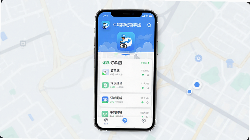 主体为手机界面展示,布局为中心对称,排版清晰,风格为现代扁平化商务风,细节包含牛鸣同城骑手端APP图标、订单列表、地图导航背景,文字包含