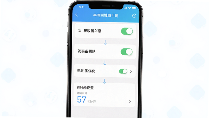 主体为手机设置界面演示,布局为垂直列表,排版为步骤指引风格,风格为简洁明亮,细节包含权限开关按钮、电池优化设置项,文字包含