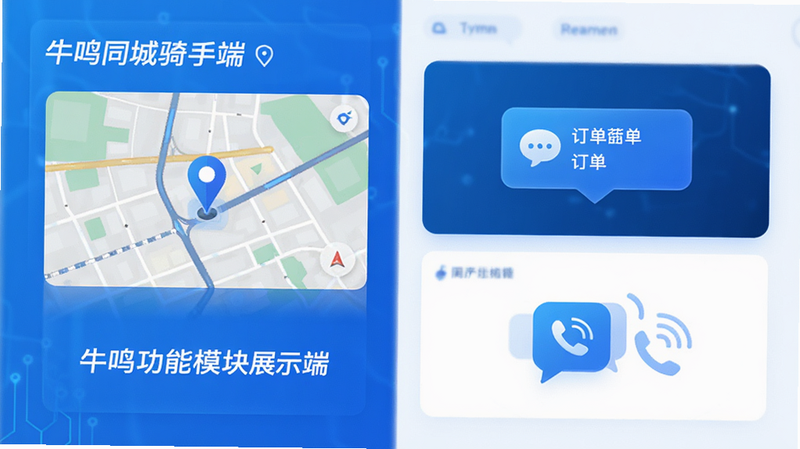 主体为功能模块展示图,布局为左右分栏,排版为卡片式设计,风格为科技感蓝色调,细节包含导航地图特写、订单气泡、通讯图标,文字包含